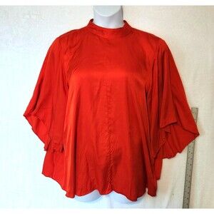 Lane Bryant Women's 24 Orange Red Viscose Satin Blouse High Neck Bell Sleeves